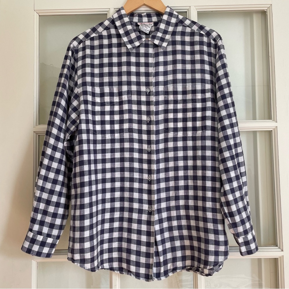 Talbots linen cotton blend navy blue white gingham button up shirt women's 8